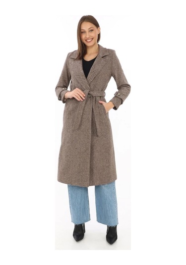 Kadın Balık Sırtı Kaşe Kaban Uzun Boy Kruvaze Yaka Kuşaklı Astarlı Kışlık Tesettür Kaban, Yünlü Do Vizon