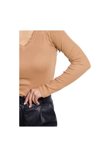 Pamuklu Kaşkorse V Yaka Body Sweatshirt, Fitilli Kumaş Likralı Bluz, Asker Yeşili Badi Pudra