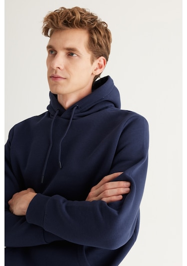 AC&Co / Altınyıldız Classics Erkek Lacivert Pamuklu Standart Fit Normal Kesim Kapüşonlu Kanguru Cepli Eşofman Takımı Lacı Lacivert