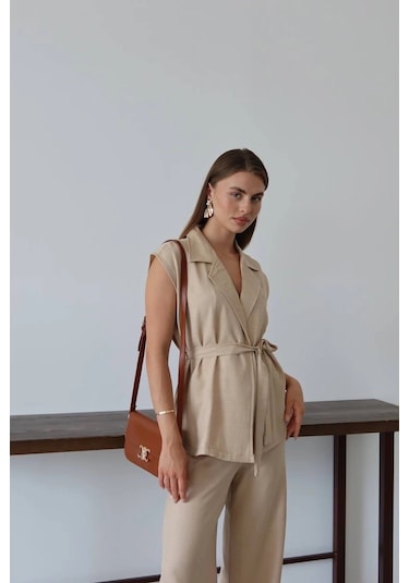 Kazax Keten Yelek Pantolon Takım Bej Pt Bej
