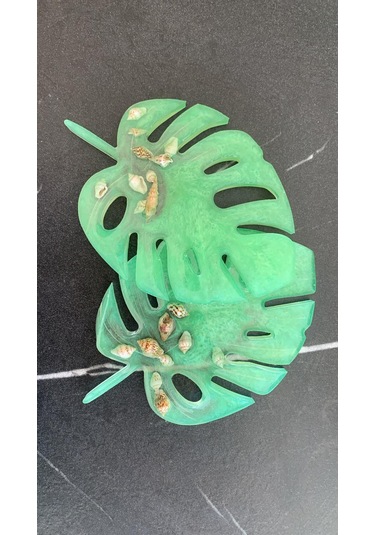 Fıstık Yeşili Renk İstiridye Süslü Yaprak Epoksi Bardak Altlığı Fıstık Yeşili