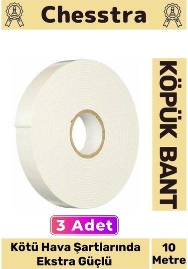 Uzun Ömürlü Süngerli Ultra Yapışkan İç Dış Mekan Çok Amaçlı Çift Taraflı 10 Metre Köpük Bant 3 Adet