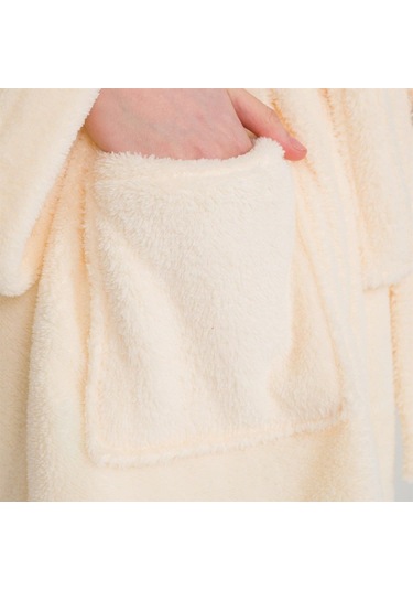 Welsoft Kapüşonlu Peluş Kadın Sabahlık Ekru