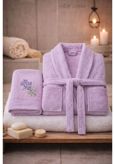 Tek Kişilik Banyo Havlulu Bornoz Seti Pamuklu Bukle Şalyaka Nuvia Lila