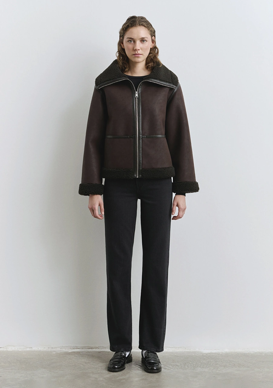 Mavi - Suni Kürk Detaylı Kahverengi Suni Deri Ceket 1110718-70219 Kahverengi