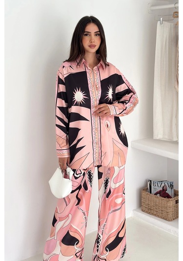 Modal Saten Kumaş Desenli Takım Pembe Pembe