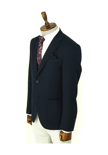 Kendinden Desenli Slim Fit Sivri Yaka Lacivert Erkek Ceket 001