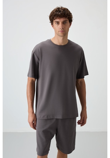 Tommy Life Koyu Gri Pamuklu Kalın Yumuşak Dokulu Oversize Fit Basic Erkek Şort Takım - 85249