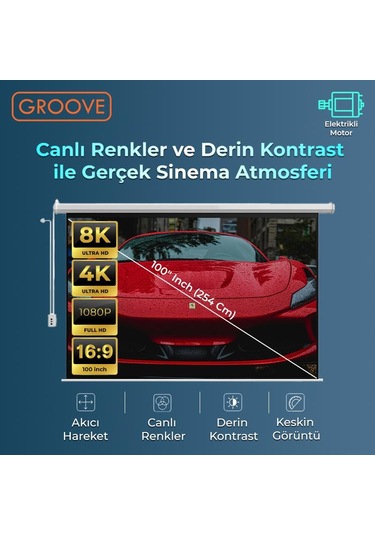 Groove Vizio Pro 100 Inch Blackout Işık Geçirmez Elektrikli Otomatik Kumandalı Projeksiyon Perdesi 220x125cm +motorlu+canlı Renkler+göz Koruması+leke Tutmaz Projector
