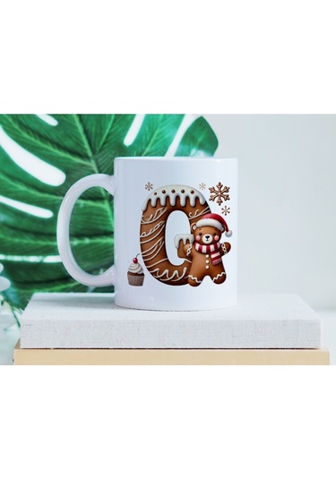 O Kurabiye Harf Ve Ayıcık Detaylı Kupa Bardak - Yeni Yıl / Yılbaşı Temalı Tasarım - Noel Hediye Beyaz