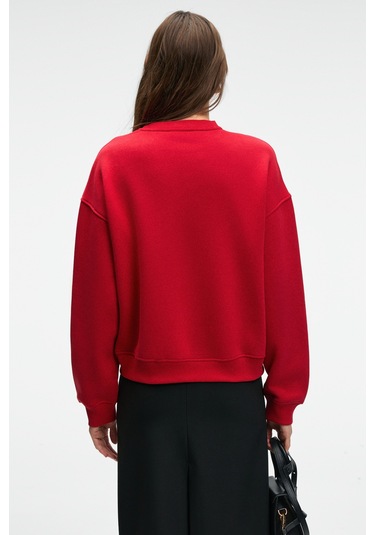 Grımelange Morevessa Kadın Regular Fit Baskı Detaylı Yuvarlak Yakalı Kırmızı Sweatshirt Kırmızı