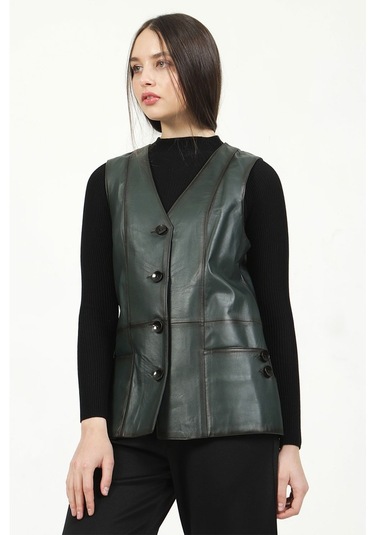 Dericlub Yb-2017 Gerçek Deri Kadın Yelek Yeşil