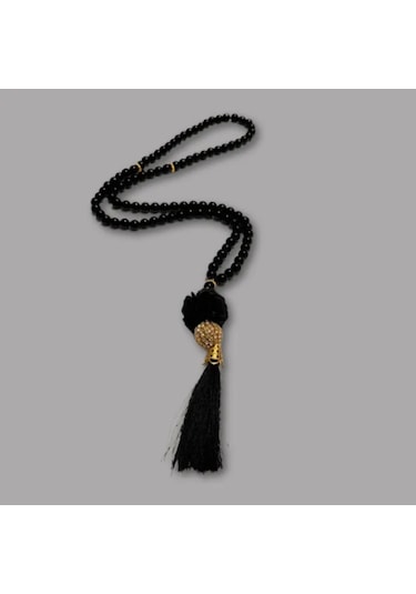 Uretti - Gül 4612 - El Yapımı Püsküllü İnci Tesbih 99'lu - Siyah Siyah