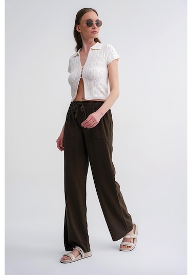 4629 Kadın Bol Paça Yüksek Bel Viskon Palazzo Pantolon Haki Haki