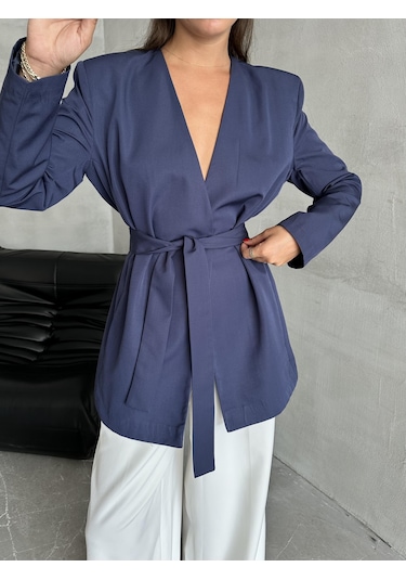 Lacivert Elegant Kuşaklı Ceket Lacivert