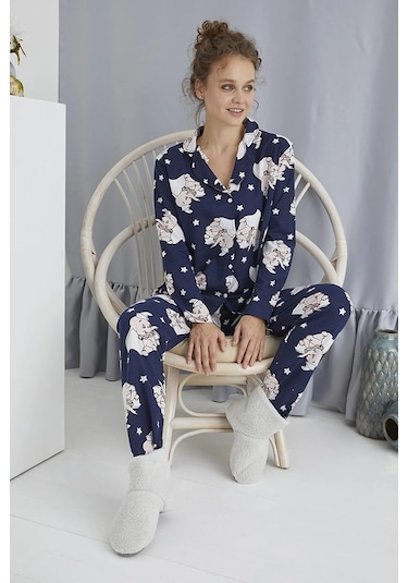Kadın Düğmeli Desenli Pijama Takımı Boydan Düğmeli Takım- 1001 Lacivert
