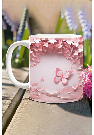 3d Görünümlü Pembe Çiçek Ve Kelebekler No:3 3d Tasarım Baskılı Kupa Bardak Mug Karışık