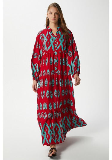 Modest Megan Kırmızı Turkuaz Kadın %100 Viskon Maksi Boy Katlı Balon Kol Uzun Yazlık Elbise Kırmızıturkuaz Kırmızı - Turkuaz
