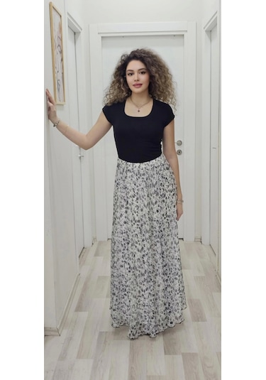 Bel Lastikli Kloş Şifon Etek 6003-beyaz/siyah Beyaz/siyah Beyaz - Siyah