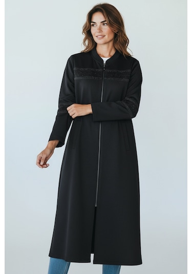 Kadın Önü Fermuarlı Desenli Cepli Mevsimlik Kap Siyah