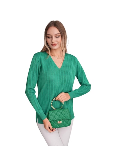 Kadın V Yaka Simli Kazak 12809 Bgl-st04106 Yeşil