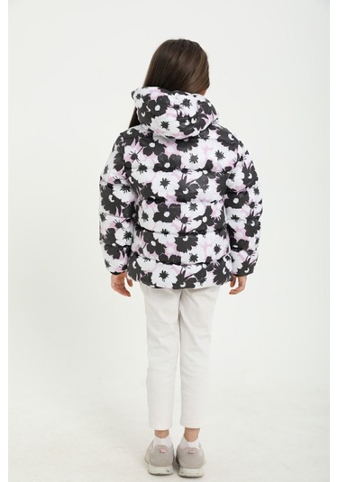 Freemen Kız Çocuk Beyaz Mor Çiçek Desen Polar Su Ve Rüzgar Geçirmez Kapüşonlu Şişme Kışlık Mont Beyaz