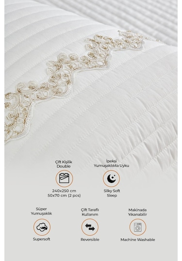 Evlen Home Mihrimah Dantelli Lüks Yatak Örtüsü Seti Çift Kişilik %100 Pamuk Şık Zarif Yumuşak Krem Kırık Beyaz