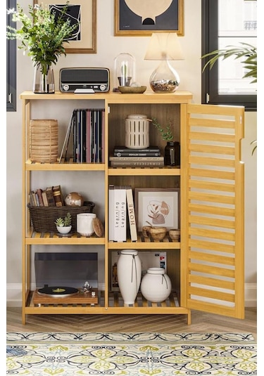 Digithome Bambu Masif 3 Raflı Tek Kapaklı Çok Amaçlı Düzenleyici Organizer Dolap Db-0005 Kahverengi