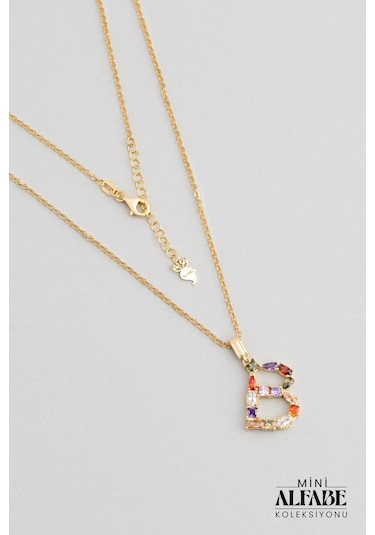 So Chic Mini B Harfi Günışığı Renkli 18 Ayar Sarı Altın Kaplama 45 CM Gümüş Kolye