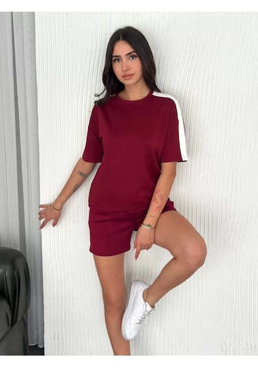 Osy Modal Yumuşak Dokulu Kumaş Kadın Parçalı Bisiklet Yaka T-shirt Kısa Şort İkili Takım - Bordo Bordo