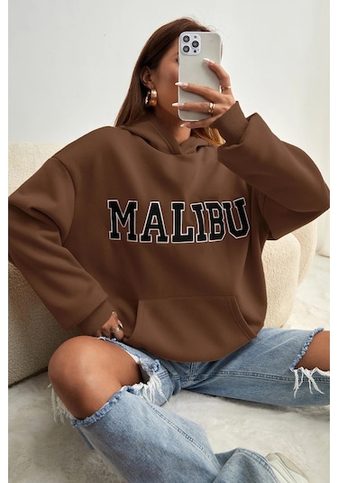 Malıbu Baskılı Oversize Sweatshirt Kahverengi