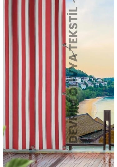 Devrim Olivya Tekstil Kirmizi-beyaz Çizgili Özel Dikim Lüks Halkalı Branda Balkon Perdesi Beyaz - Kırmızı