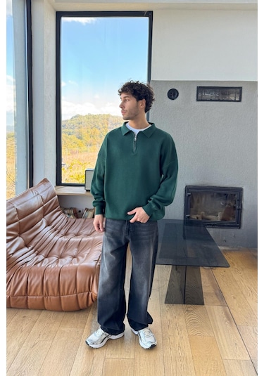Flaw Half Zip Triko Kazak Yeşil Yeşil