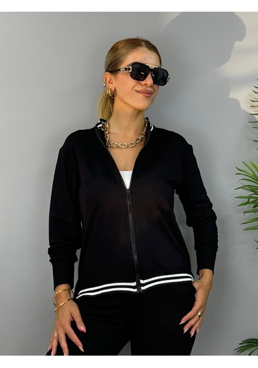 Kadın Iki Iplik Penye Kumaş Fermuar Detaylı Ribanalı Ikili Takım Siyah