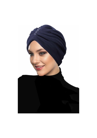 Dizayn Tüllü Kristal Taş İşlemeli Çift Taraflı Astarlı Lacivert Hazır Türban Tesettür Abiye Bone Lacivert