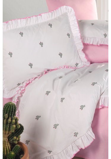 Ranforce %100 Pamuk Nakışlı Fırfırlı Nevresim Seti Ellas Pembe