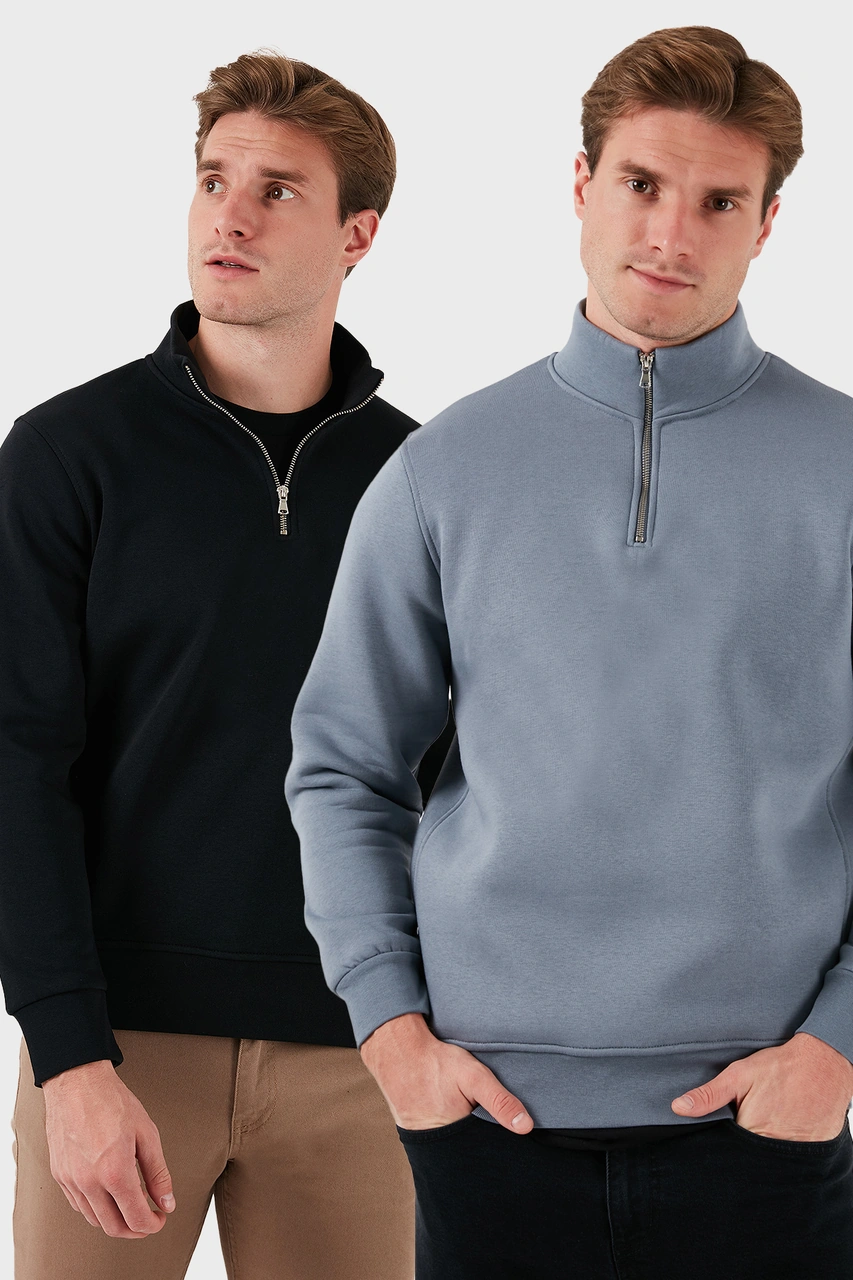 Buratti Pamuklu Regular Fit Dik Yaka 2'Li Paket Erkek Sweat 59052592S2 Koyu Gri-Siyah