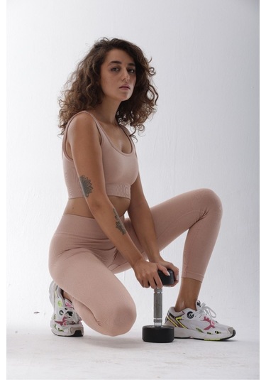 Seamless Pudra Normal Bel Fitted Basic Sporcu Tayt Pudra