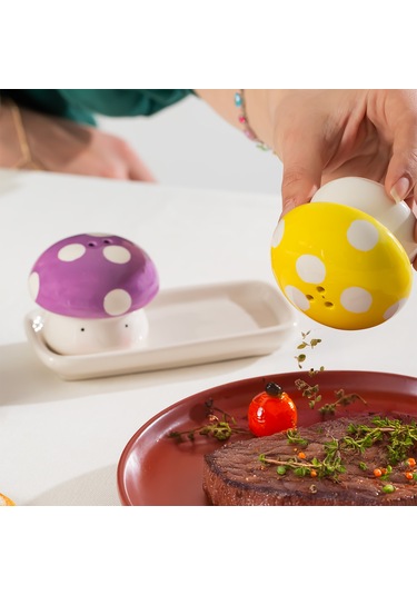 Porsima Mıo-037 Mantar Motifli 2li Standlı Tuzluk Biberlik Seti Çok Renkli