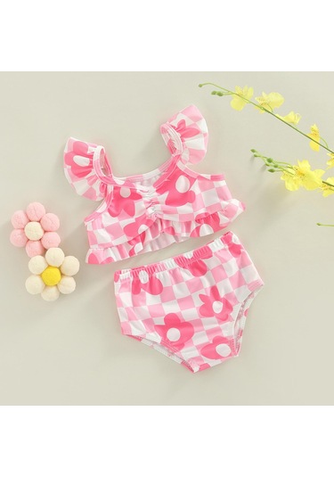Bebek Kız Bikini Seti, Ekose Çiçek Baskı Fly Kollu Kaşkorse Yaz Plaj İçin Külot Mayo Mayo