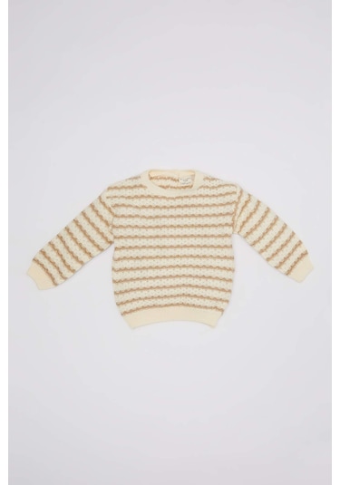 DeFacto Kız Bebek Bisiklet Yaka Çizgili Triko Kazak C8273A524WNER105 Ekru