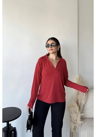 Kadın Kırmızı Polo Yaka Basic Bluz, Uzun Kol, Regular Kesim, Günlük Ve Spor Sweatshirt Kırmızı