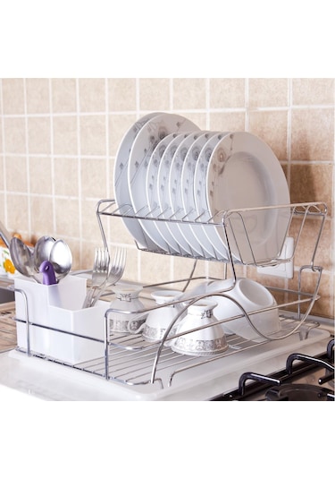 İki Katlı Metal Bulaşık Sepeti 48 x 33 x 25 CM Krom