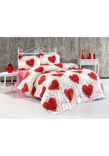 Kalpli Nevresim Takımı Beyaz/kırmızı Beyaz - Kırmızı