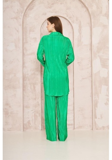 Kadın Pliseli Beli Lastikli Pantolon Tunik Gömlek Ikili Bürümcük Salaş Takım 3573300 Yeşil