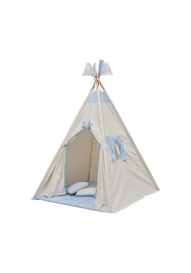 Exorbaby Lüks,büyük Boy,ahşap Ve Pamuklu Naturel Kumaş,toplanmaz,devrilmez,puf Minderli Oyun Çadırı Mavi