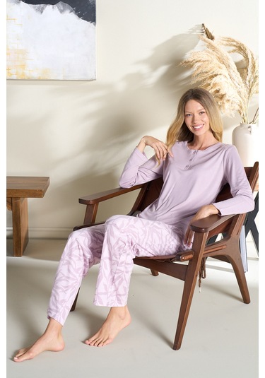 Büyük Beden Kadın Penye Uzun Kol Pijama Takımı 3116 Mor Mor