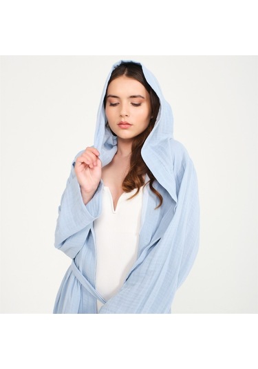 Ördek Nakışlı Kısa Kapüşonlu Müslin Kadın Bornoz-Mavi