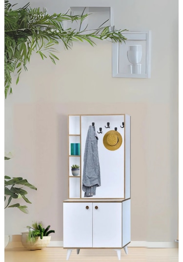 İnci Portmanto Askılıklı Beyaz Raflı Çok Bölmeli 2 Kapaklı Yüksek Ayaklı Portmanto 80x37x195 Cm