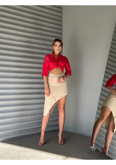 Shevega Kadın Beyaz Etek Püskül Asimetrik Kesim Keten Etek Bej